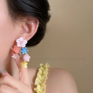 Colorful resin flower tassel earrings with five blooming floral dangles for summer
