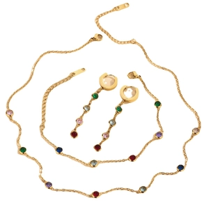 Luxurious gold jewelry set with multi-color zircon stones including necklace bracelet and earrings