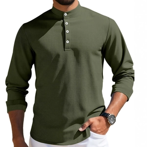 Casual men's dark green waffle knit polo shirt with four buttons and stand collar