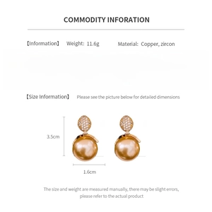 Detailed size and material information for gold-plated pearl and zircon earrings