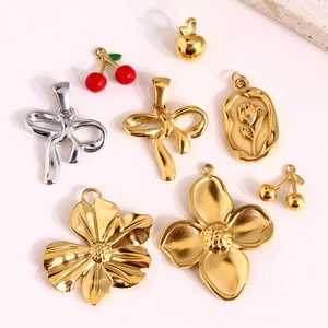 Polished gold stainless steel charms set including cherry bow and rose relief pendants