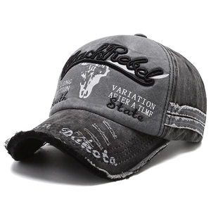 Vintage washed dark grey baseball cap with distressed details and BlackRebel embroidery