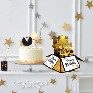 Elegant black and gold 3D pop-up birthday card with balloons and cake details