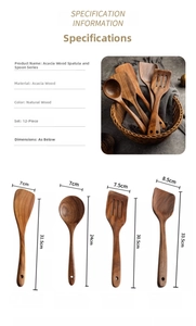 Detailed size specifications for teak wood kitchen utensils set with clear dimensions