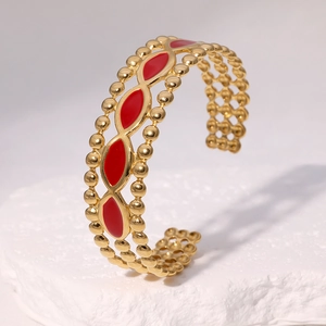 Bracelet jonc large doré 18 carats en acier inoxydable avec émail rouge vintage
