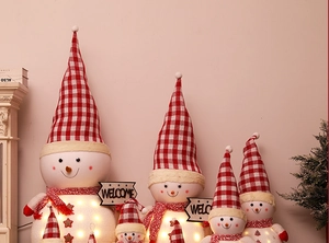 Detail showing various sizes of glowing Christmas snowman dolls with warm LED lighting