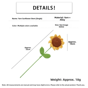 Detailed size specifications for handmade crochet sunflower with 32cm length and 10cm flower