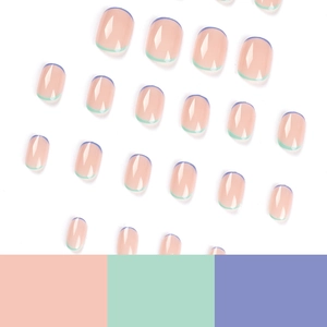 Short square press on nails with minimalist blue and green French tips on nude base