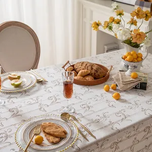 French style linen tablecloth with beige Baroque jacquard patterns for dining tables