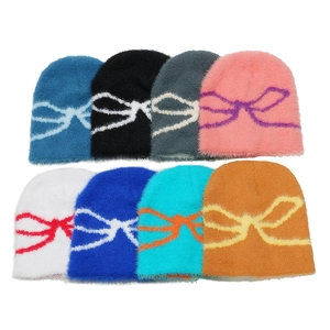 Women Faux Mink Fur Beanie Hat Warm Winter Knit Cap Jacquard Bow Pattern Casual Fashion Sweet Outdoor