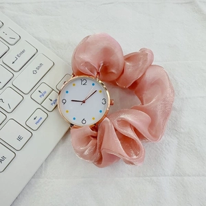 Women Quartz Watch With Scrunchie Fabric Strap Colorful Dot Markers Gold Alloy Case Elegant Analog Wristwatch For Girls