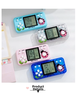 Classic 99-in-1 handheld Tetris game console in four colors on a white desk