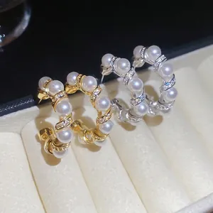 C-Shaped Hoop Earrings With Imitation Artificial Pearl And Zircon Spiral Lace Design Gold Plated Silver Earring Post For Women