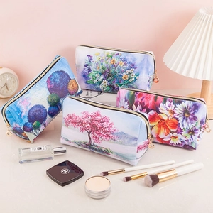Floral oil painting style waterproof PU leather makeup bags with zipper closure and handle