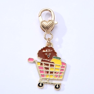 Cartoon teddy dog and shopping cart enamel pendant with gold heart lobster clasp