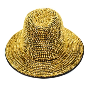 Handmade gold rhinestone fedora hat for stage performance and vintage party wear