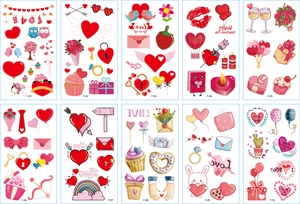 Detailed flat lay of 10 Valentine's Day temporary tattoos with hearts and Cupid icons