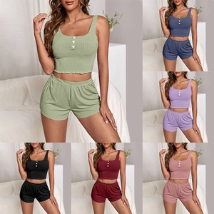 Women Ribbed Knit Pajama Tank Top And Shorts Button Decor Lettuce Edge Comfortable Elastic Loungewear Sleepwear