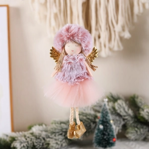 Pink Christmas angel hanging ornament with tulle skirt and gold sequin wings decoration
