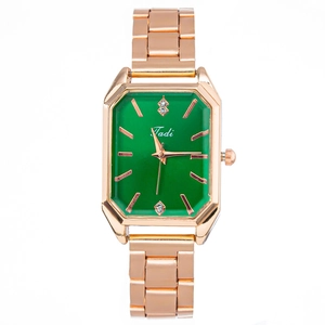 Fashion square rose gold watch for women with green dial and rhinestone accents