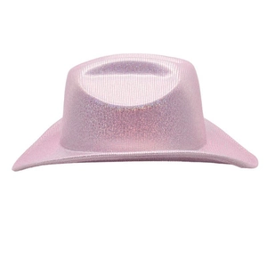 Detail of pink sequin cowboy hat showing shimmering texture and curved brim design