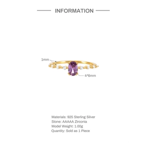 Detailed specs of 925 sterling silver ring with 4x6mm purple oval zirconia and white stones