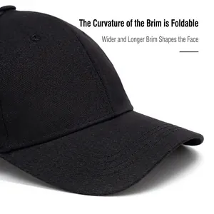 Fashionable black baseball cap with wide foldable brim for sun protection and face slimming