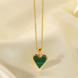 18K gold plated stainless steel heart necklace with green malachite pendant on silk