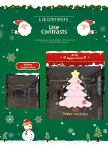 Pink Christmas tree window sticker with stars and ornaments showing before and after effect