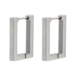 Close-up of minimalist rectangular stainless steel hoop earrings with silver matte finish