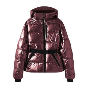 Metallic purple hooded winter puffer coat with black waist belt and glossy finish