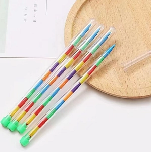 Macro view of multi-color stackable building block crayons with transparent plastic shell