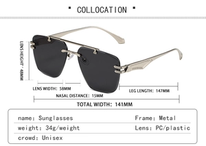 Detailed size specifications for rimless double bridge sunglasses with metal temples