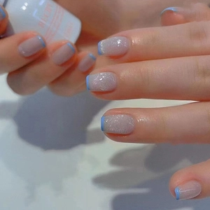 Press On Nails Short Ballerina Light Purple Shimmer Blue French Tips Sparkling False Nails For Women Manicure Art