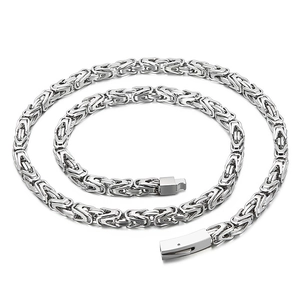 Men's silver Byzantine chain necklace in stainless steel on white background