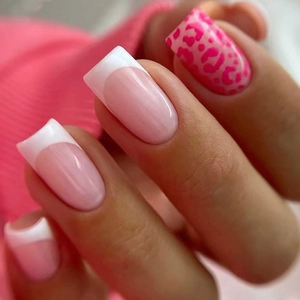 Rose Red Leopard Print French Tip Press On Nails Square Removable ABS Fake Nails Stylish Fashion For Women