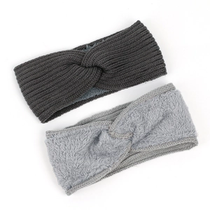 Winter thermal fleece-lined knit headband with twisted knot design in grey and light grey