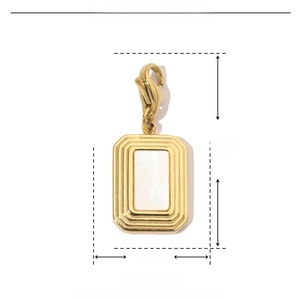 Detailed dimension chart for a rectangular stainless steel and shell pendant