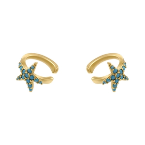 Elegant gold starfish ear clips with vibrant blue beads and C-shaped opening design