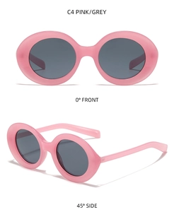 Viste frontale e laterale di occhiali da sole ovali rosa vintage con lenti grigie