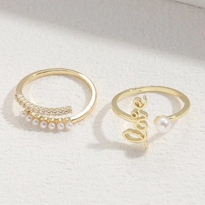 14K gold plated Love letter and pearl ring set with zircon accents for women