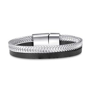 Double Layer Men Bracelet Stainless Steel Braided Metal And PU Leather Magnetic Clasp Fashion Punk Jewelry