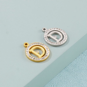 Sparkling D-letter round pendant with rhinestones in gold and silver finishes
