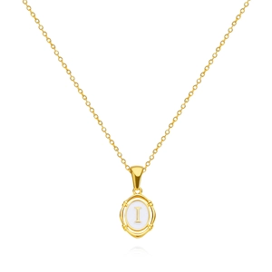 Golden oval letter I pendant necklace with white inlay for women in minimalist style