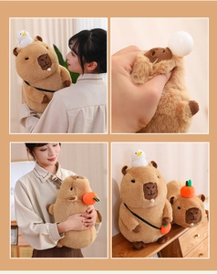 Detail showing plush capybara toy with squeezable nose bubble and fruit hat accessories