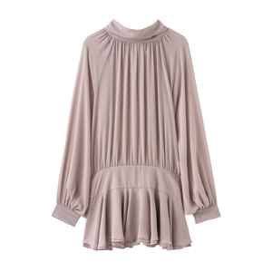 Elegant Women Chiffon Mini Dress Long Lantern Sleeve Tie Neck Bow Pleated Ruffle Hem Solid Color Retro Flowy