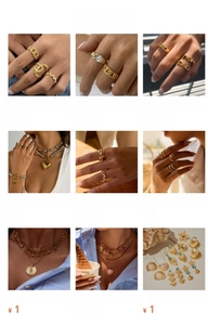 Detailed grid of gold titanium steel jewelry featuring zircon rings and pearl necklaces