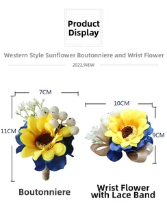 Detail von Sonnenblume Ansteckblume und Handgelenk-Corsage mit blauen Blüten und Kordel