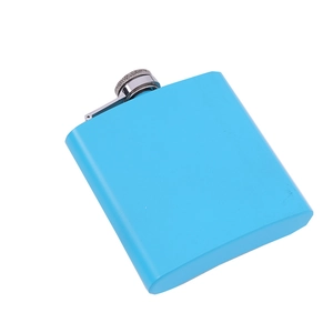 Blue stainless steel 6oz or 8oz hip flask for portable outdoor use in studio setting