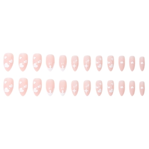 Pink press-on nails with white heart and star patterns in elegant almond shape